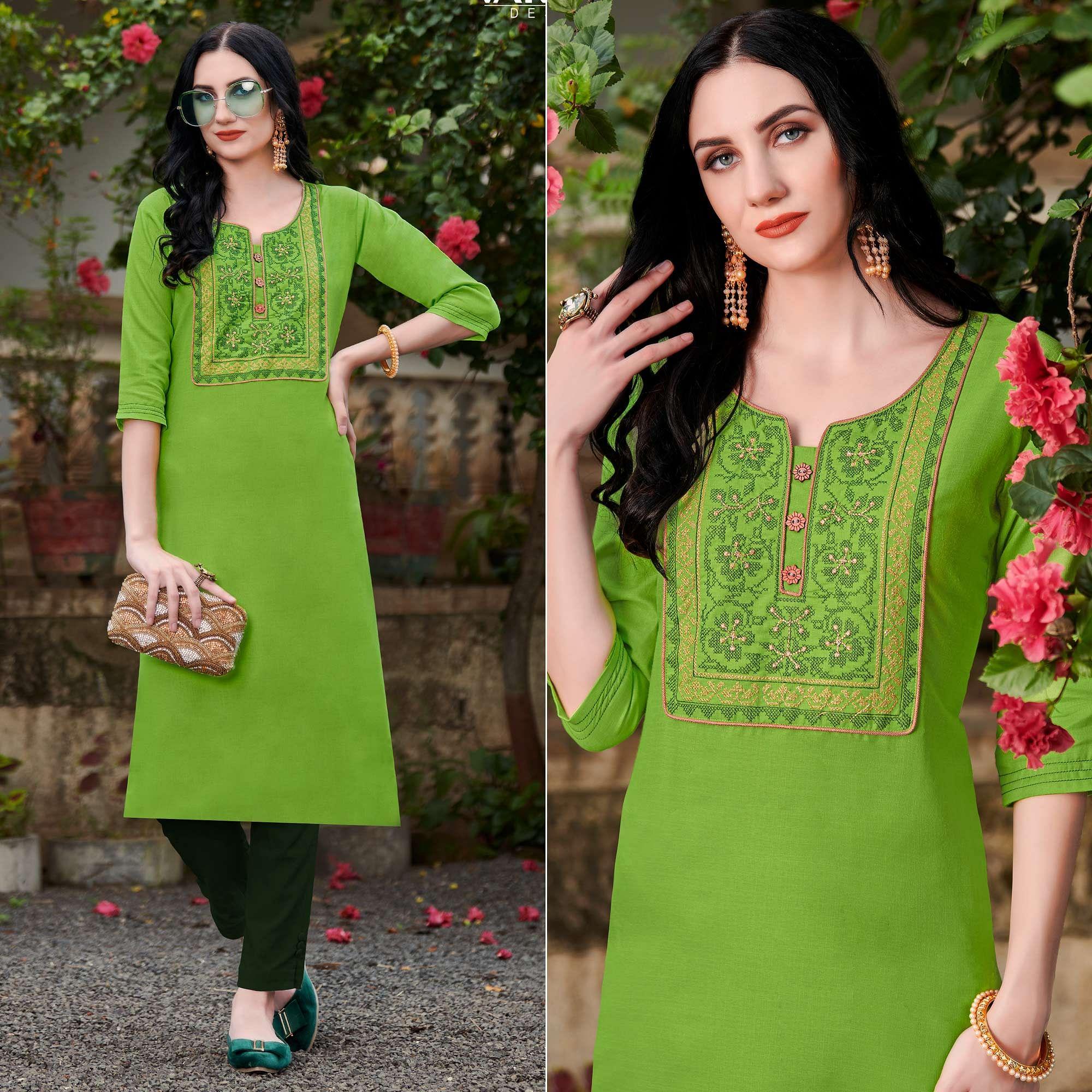 Parrot Green Embroidered Kurtis at Rs.899/Piece in ghazipur offer by Avni  kurti